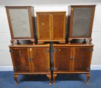 A PAIR OF DOUBLE DOOR MEDIA CABINETS, raised on cabriole legs, width 81cm x depth 49cm x height