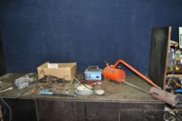 A COLLECTION OF VINTAGE TOOLS AND AUTOMOTIVE PARTS, including a Weber twin choke carb, a Ford