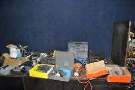 A COLLECTION OF POWER TOOLS, including Black and Decker jigsaw, a JCB power planer, a Powerbase