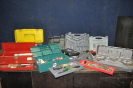 FOUR TOOLBOXES CONTAINING TOOLS, including a Wilko corded drill (PAT pass and working), two