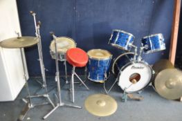A MID 20th CENTURY PREMIER 5 PIECE DRUM KIT, in a marbled blue finish, including a 20in x 14in kick,