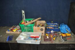 FOUR TRAYS AND A TOOLBOX CONTAINING ELECTRICAL TOOLS AND COMPONENTS, including a Megger Ohm meter,