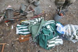 A QUANTITY OF GARDENING TOOLS, to include, rakes, shovels, forks, brushes, etc, along with an
