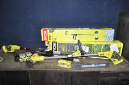 A RYOBI ONE + CORDLESS POLE HEDGE TRIMMER, with original box, one battery and charger, and a Ryobi