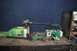 A BOSCH CORDLESS HEDGE CUT 18V-55 HEDGE TRIMMER, an Easy Grass Cut 18v-230 Strimmer, two
