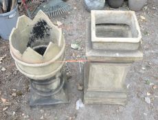TWO CHIMNEY POTS, one with spikes to the top, largest height 78cm, condition report: some broken
