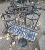 A SELECTION OF WROUGHT AND CAST IRON ITEMS, to include four stands, a lantern, an ash tray, an