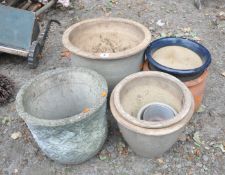 A SELECTION OF GARDEN POTS, including glazed, terracotta, composite, etc, largest pot diameter