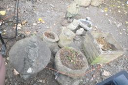 A SELECTION OF GARDEN PLANTERS AND ORNAMENTS, to include a square planter, 38cm squared, three other