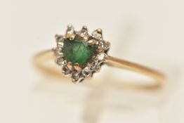 A 9CT GOLD EMERALD AND DIAMOND HEART SHAPE CLUSTER RING, polished band, hallmarked 9ct London,