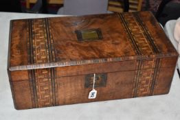 A LARGE TUNBRIDGE BANDED WRITING SLOPE, with vacant brass cartouche, deep red writing surface, ink