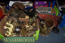 THREE BOXES AND LOOSE METALWARE ETC to include a Lucas lamp, a cast iron duck door stop, a vintage