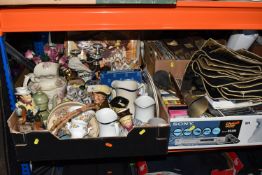 FIVE BOXES AND LOOSE MISCELLANEOUS SUNDRIES, to include hand painted oriental bowl with bamboo