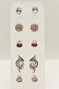 FIVE BOXED PAIRS OF EARRINGS, to include a pair of amethyst and diamond studs, stamped 9k, a pair of