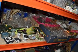 FIVE BOXES AND LOOSE MISCELLANEOUS CERAMICS AND GLASSWARE, to include decanters, millefiori glass