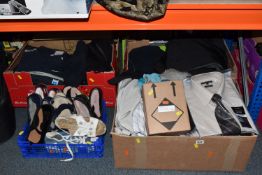FOUR BOXES AND LOOSE CLOTHES AND SHOES, to include men's shirts, polo tops, knitwear, coats, size