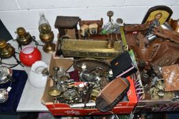 FOUR BOXES AND LOOSE ASSORTED METALWARE AND TREEN to include a boxed set of six plated goblets, a