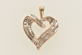 A YELLOW METAL DIAMOND HEART PENDANT, of an open work form, set with baguette cut and tapered