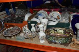 TWO BOXES AND LOOSE CERAMICS, GLASS, AND PEWTER to include three pewter teapots, two milk jugs,
