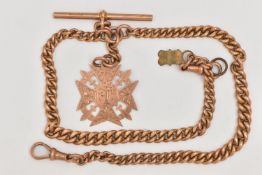 A 9CT ROSE GOLD FOB MEDAL AND GRADUATED DOUBLE ALBERT CHAIN, the Maltese cross fob medal with