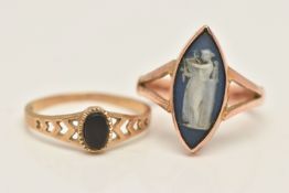TWO RINGS, the first a rose metal Wedgwood cameo ring of a marquise form, bifurcated shoulders and