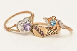 THREE RINGS, to include a boxed 9ct gold topaz and diamond ring, hallmarked 9ct Birmingham, ring