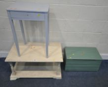 THREE PIECES OF PAINTED OCCASIONAL FURNITURE, to include a two tier coffee table, width 83cm x depth