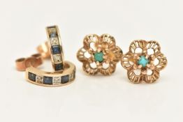 TWO PAIRS OF 9CT GOLD GEM SET EARRINGS, a pair of yellow gold small half hoop earrings, fitted