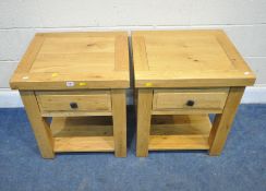 A PAIR OF MODERN SOLID OAK SIDE TABLES, with a single drawer, united by an undershelf, width 55cm