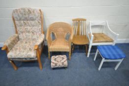 A BEECH FRAME ARMCHAIR, with foliate upholstery, width 75cm x depth 84cm x height 105cm, a wicker