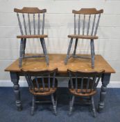 A MODERN PARTIALLY PAINTED PINE TABLE, raised on turned legs, length 152cm x depth 76cm x height