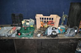 A COLLECTION OF POWER TOOLS including Bosch PSR960 9.6v drill with case, one battery and charger and