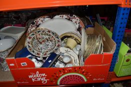 TWO BOXES OF MIXED CERAMICS to include a group of Royal Doulton 'York' cups, saucers and side