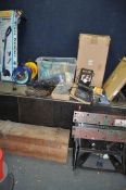 A QUANTITY OF TOOLS AND ELECTRICALS including two boxed Microsoft Keyboards, a Ferm reciprocating
