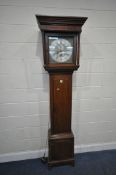 A GEORGIAN OAK EIGHT DAY LONGCASE CLOCK, with twin cylindrical pillars, flanking a square glass