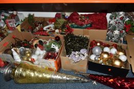 SEVEN BOXES AND LOOSE CHRISTMAS DECORATIONS to include two large metal abstracted Christmas tree