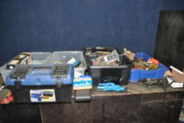 SIX BOXES CONTAINING TOOLS including multimeters, clamp meter, pipe cutters, ratchet straps, drill