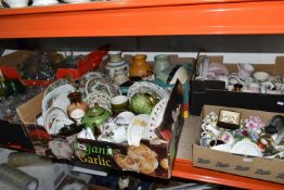 SIX BOXES OF ASSORTED CERAMICS AND GLASSWARE to include a box Royal Crown Derby floral badge, a