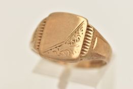 A GENTS 9CT GOLD SIGNET RING, foliate pattern and polished cartouche, misshapen band, hallmarked 9ct