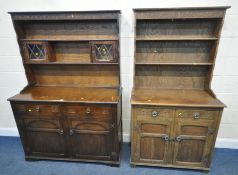 A 20TH CENTURY OAK DRESSER, the two tier plate rack with two lead glazed doors, atop a base with two