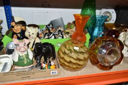 A COLLECTION OF DECORATIVE GLASS AND CERAMICS to include a glass shade with an amber glass 'drip
