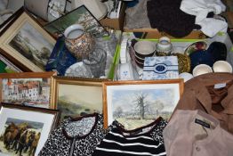 FOUR BOXES OF MISCELLANOEUS ITEMS to include a boxed set of six Portmeirion 'Botanic Blue' pastry