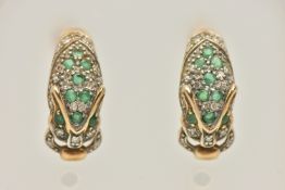 A PAIR OF 9CT GOLD EARRINGS, yellow and white gold leopard head design earrings, pave set with