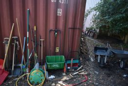 A SELECTION OF GARDEN HAND TOOLS AND ACCESSORIES, to include two metal wheelbarrows, a Bosch push