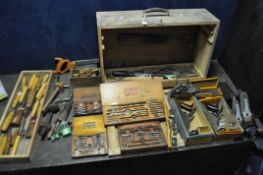 A VINTAGE ENGINEERS CHEST, containing a selection of hand tools, including a boxed Record No05ss