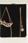 TWO PENDANT NECKLACES, the first a 9ct gold garnet and illusion set single cut diamond cluster