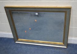 A GILT AND SILVERED WOODEN FRAME RECTANGULAR BEVELLED EDGE WALL MIRROR, 108cm x 77cm, condition