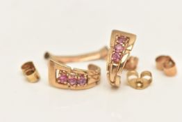 AN ASSORTMENT OF YELLOW METAL, to include a pair of half hoop earrings, four scroll fittings and a
