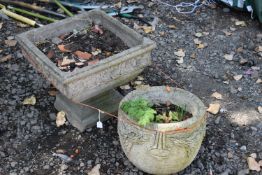 A COMPOSITE SQUARE PLANTER, on a separate base, 51cm squared x height 43cm, and a circular