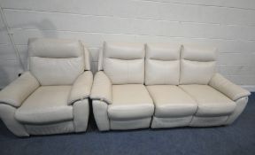 A CREAM LEATHER TWO PIECE LOUNGE SUITE, comprising a three seater electric recliner, length 208cm